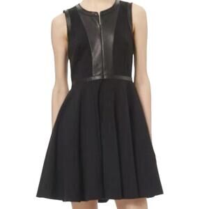 Rebecca Taylor Front Zip Lamb Leather Trim Black Fit & Flare Goth Chic Dress 6